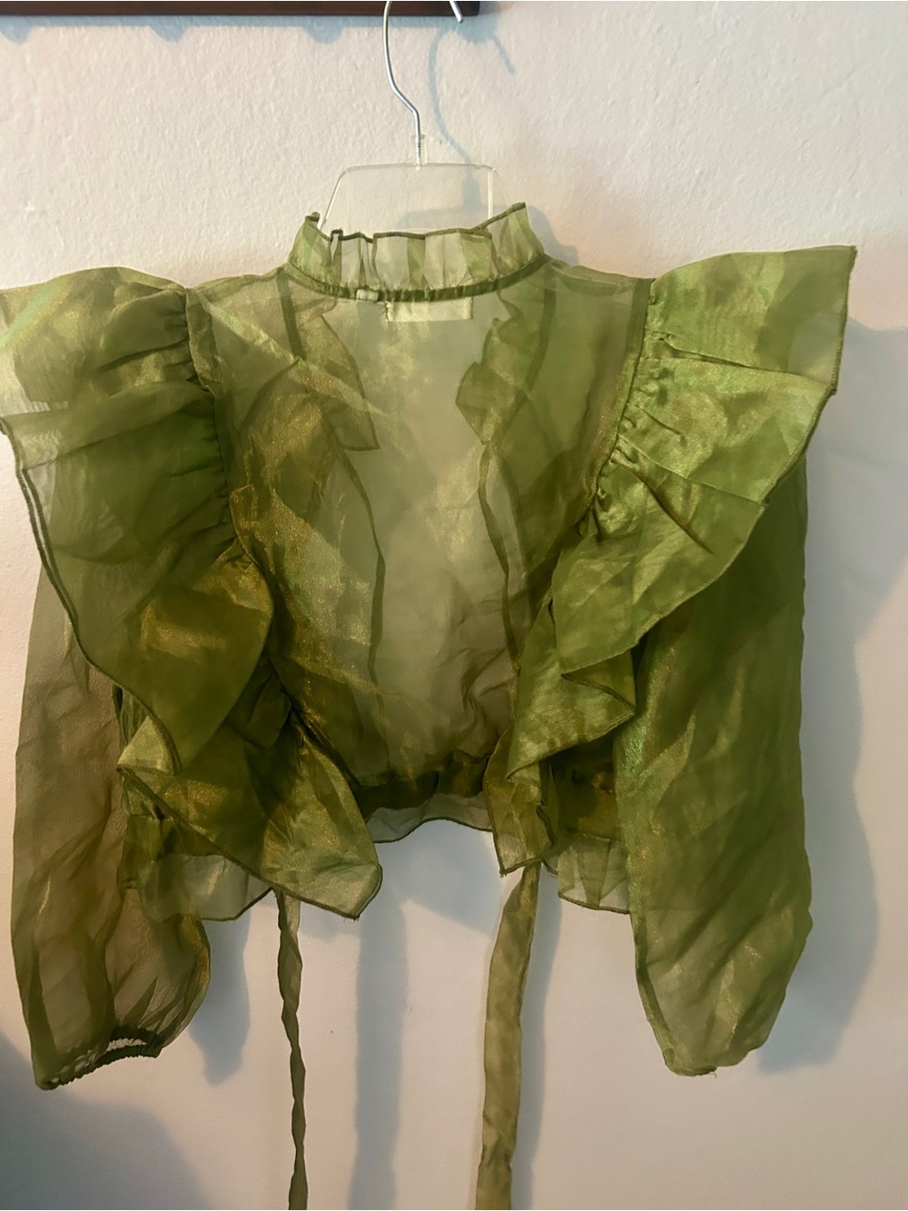 Sheer Olive Ruffle Tie-Front Blouse